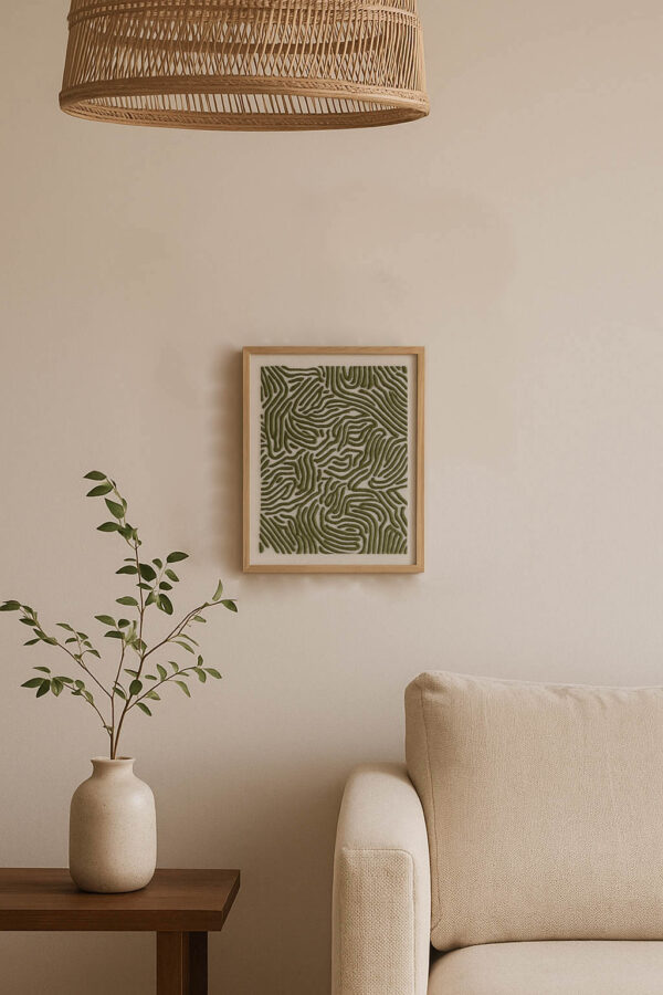 Moss Geometry embroidered painting on a wall